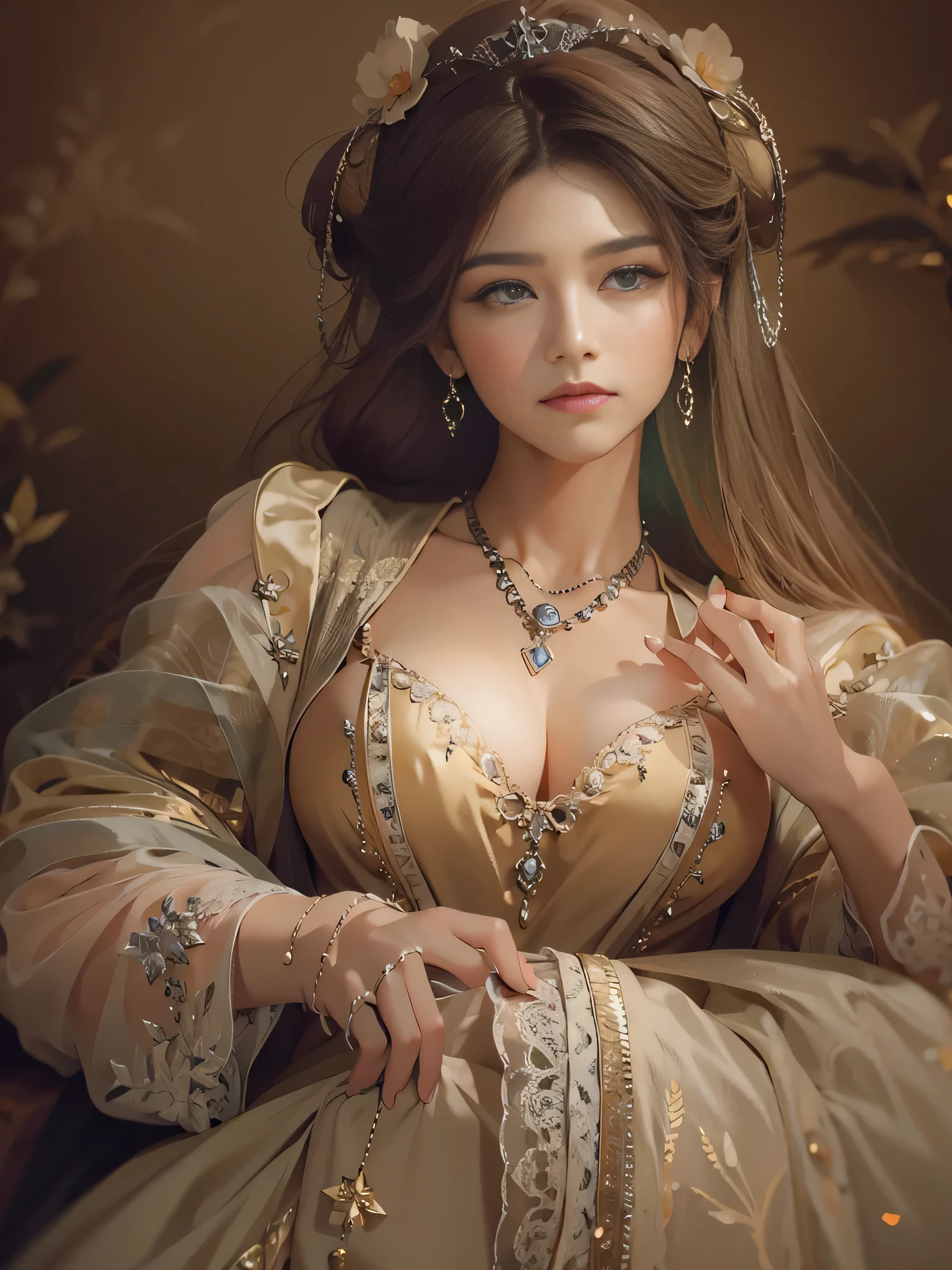 (Pure Color: 0.9), (Color: 1.1), (Masterpiece: 1,2), Top Quality, Masterpiece, High Resolution, Original, Highly Detailed Wallpaper, Beauty, Victorian, Dress, Melancholy, Big Breasts, Sepia Color, 40 years old, Zen_daya