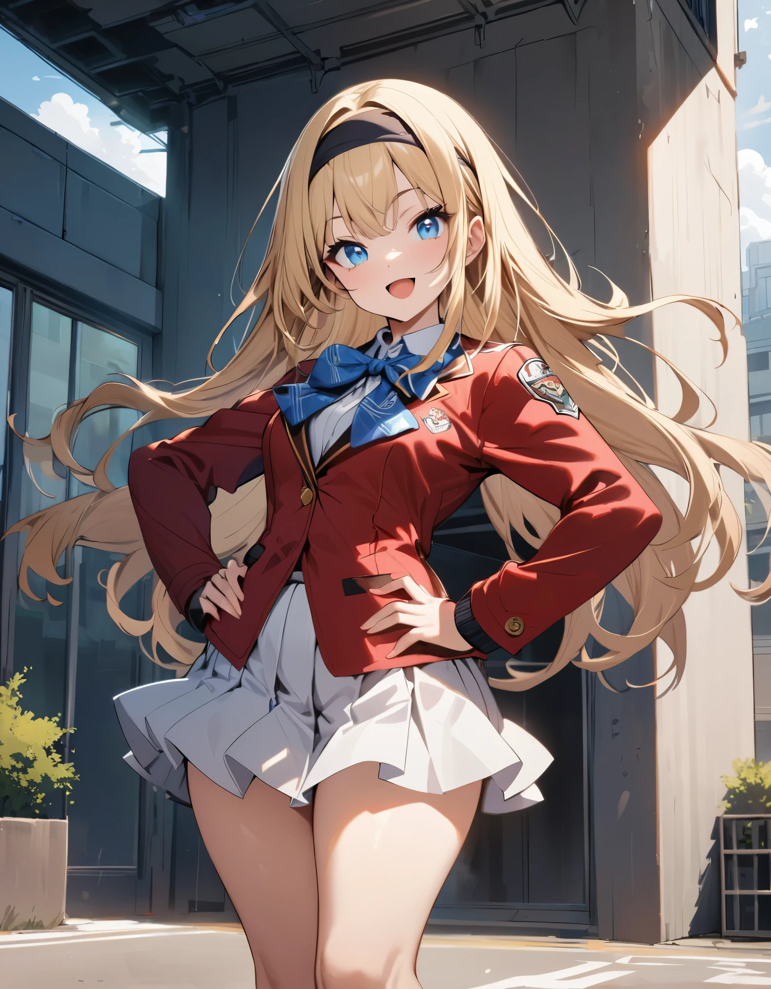 masterpiece, best quality, 1girl, high school girl, (bangs, blonde hair, armpit length hair), ((black headband)), blue eyes, beautiful detailed eyes, beautiful detailed face, cute face, perfect hands, complete fingers, perfect anatomy, perfect proportions, (bow, bowtie. blue bowtie), full body, hand on hip, hands on hips, (red jacket), looking at viewer, (skirt, white skirt, pleated skirt, miniskirt) shirt, white shirt, socks, white socks, brown shoes, solo, standing, school building backdrop, daytime, smile, :d, solo focus, cowboy shot,