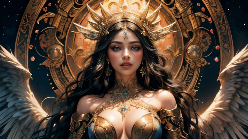 and Christina angles, is presented in an exquisite, ultra-detailed 4K image. Her intricately designed gypsy costume, adorned with intricate mandala patterns, swirls, and fauvist colors, adds to her enchanting allure. The black-eyed gypsy expression on her face is captured in stunning photorealistic detail, with her lips gently closed in a seductive pout. The image, a supremely aesthetic masterpiece, exhibits flawless skin texture, realistic pores, and textured details. The angel's wings, with their high resolution, extend out in a beautiful, fractal art design of 1.3, casting a