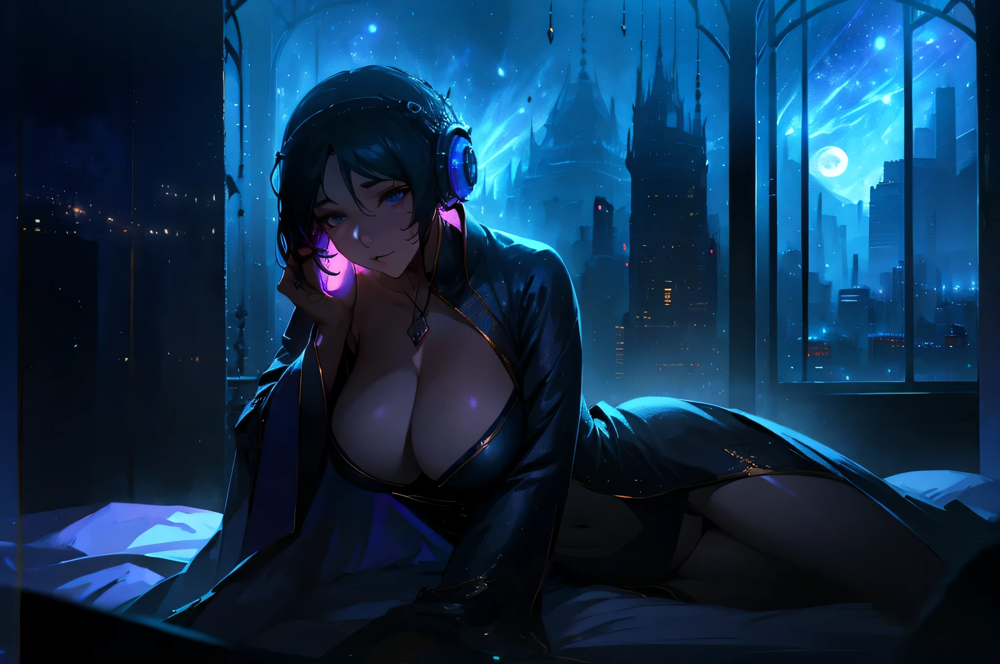 A woman wearing a bathrobe and headphones is lying on the bed、The large window behind offers a beautiful night view.、big breasts、sexy、dimly lit room、moonlight、exposed、half naked、Downlight、On your back