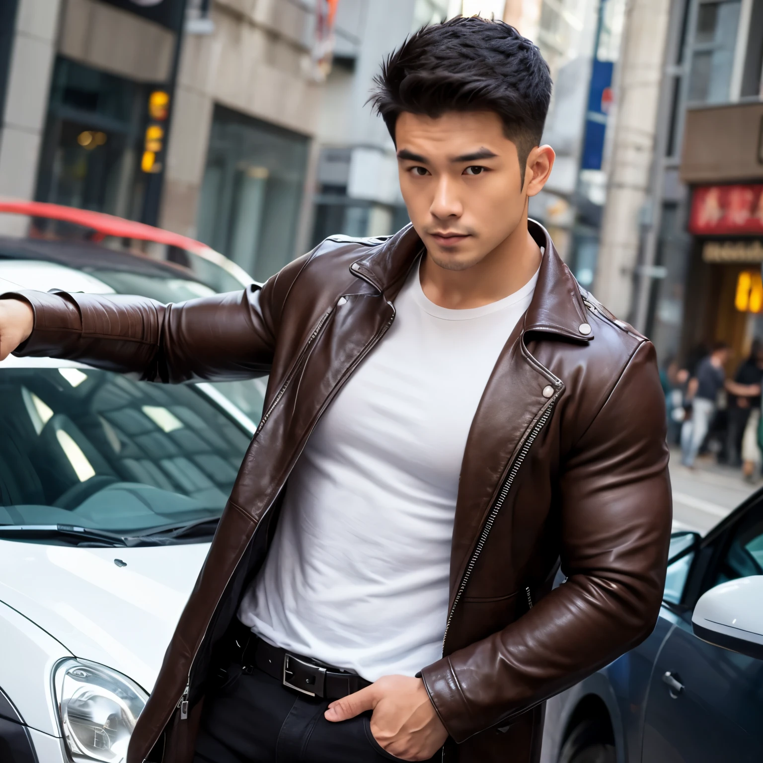 Hot muscler, asian guy, leather coat