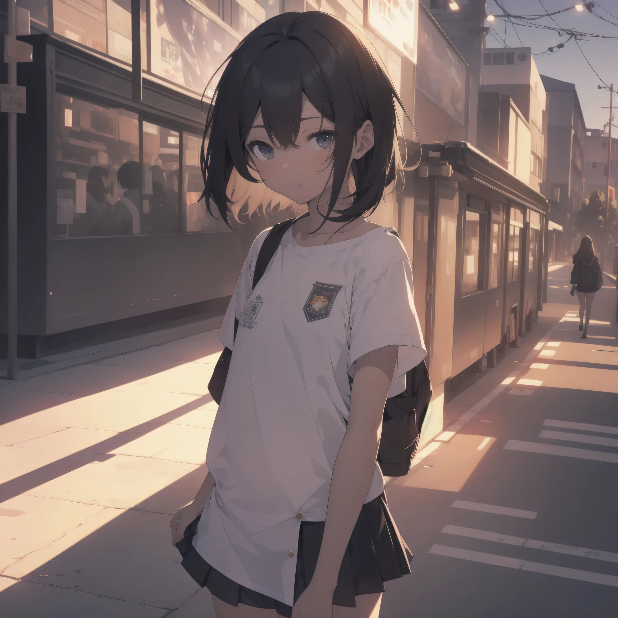 ultra-absurdres-Top quality by artist God, ultra-detailed, high resolution, anime moe artstyle, best anime 8k konachan wallpaper, pixiv contest winner, pool:2810, perfect anatomy,break, 1girl, (Please draw a girl walking sleepily to school alone. )break,(Solo,little female, 13-year-old:1.3),Full limbs, complete fingers,a junior high school student,  (very short hair), short cut, flat chest, , small butt, small black eyes, beautiful detailed eyes, well-proportioned iris and pupils, expressive eyes, highres detailed hair, soft expression, school_uniform, official_alternate_costume, pleated skirt,(Detailed Lighting), (Detailed background), in the School commute route. break,super detailed skin, Best cinematic lighting powered by famous artist, 8k,beauty illustration,photoshop_(medium),very aesthetic,break,((artist:yaegashi_nan )), artist:akinashi yuu ,artist:oyari ashito ,artist:kantoku ,
