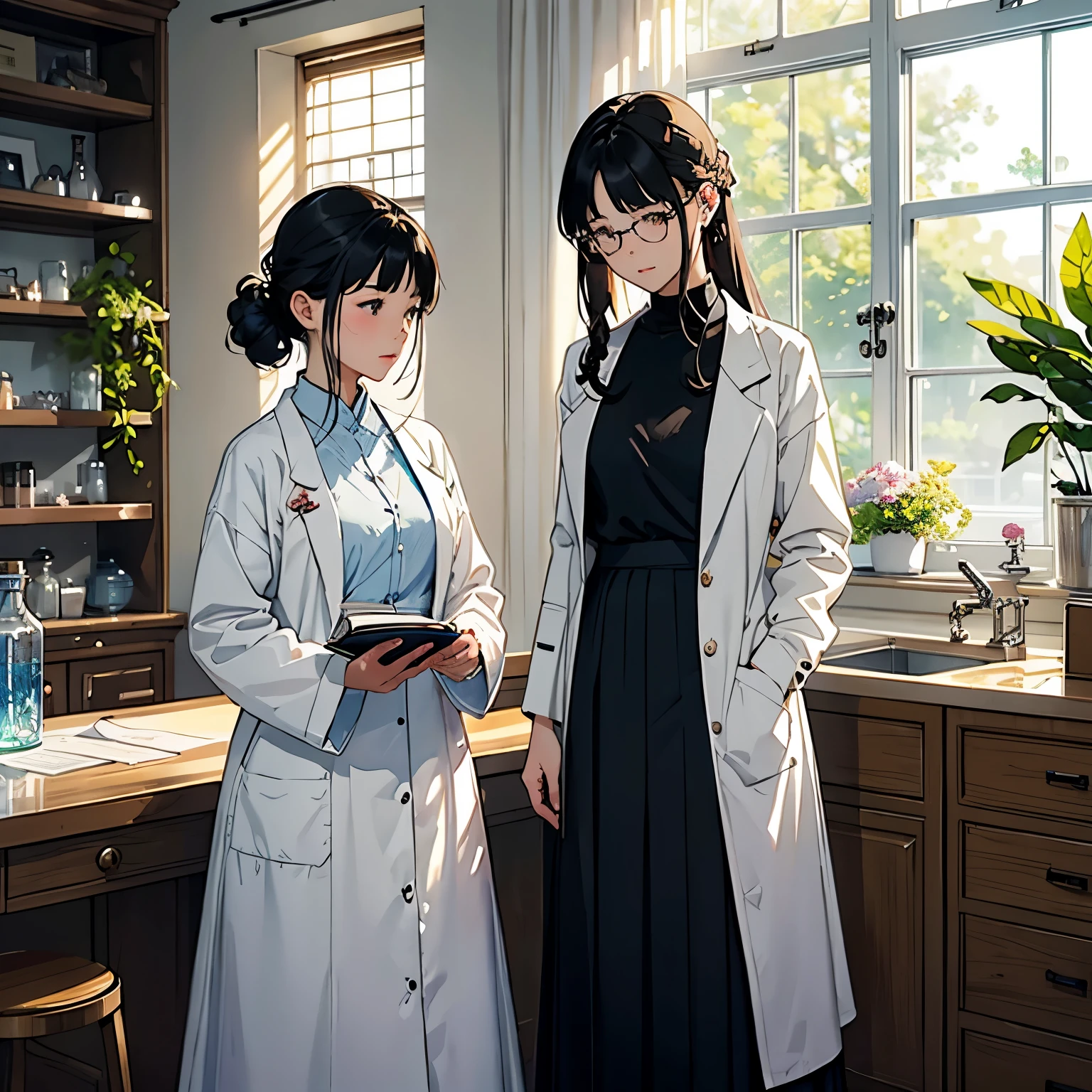 (highest quality、masterpiece、High resolution)、(Sargent-style watercolor)、(anime art)、soft light、((two women))、((The two are talking while looking at documents.))、、18-year-old、medium short hair、semi-long、hair up、black hair、dark brown hair、braided hair、glasses、detailed depiction of the face、small breasts、uniform、long skirt、((wearing a white coat))、白いブラウスとlong skirt、Institute of Earth Sciences、鉱物標Book、昆虫標Book、化石標Book、標Book棚、Book、Book棚、Laboratory instrument、Test tube、beaker、flask、Alcohol lamp、Labware、Floral、vase、window、Foliage plant、 blur the background、