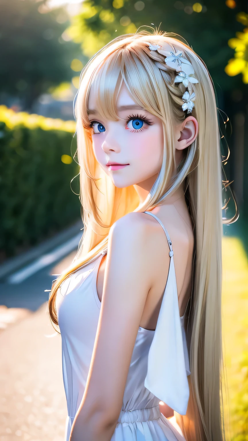 shiny transparent white skin、Windy hair gets in the way of her pretty face、Colossal、Cute little beautiful face of 、Beautiful super long straight blonde hair、Large, bright, light blue eyes that sparkle beautifully、long silky bangs that cover cute eyes, Sexy Face Hide Hair Super Long Hair Sexy Cute Young Woman Long Natural Blonde Shiny Shiny Hair、cheek highlights、small face beauty、