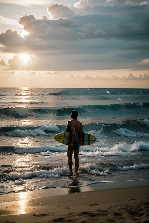 
"View a breathtaking scenery: uma praia vasta e deslumbrante, with majestic waves that break perfectly along the coast. The sun is setting on the horizon, painting the sky with golden and orange tones, enquanto a luz suave da tarde banha toda a paisagem. Na areia dourada, a lone surfer emerges, carrying your surfboard with determination. He walks towards the ocean, seus passos deixando pegadas profundas na areia fofa. Your profile is highlighted against the spectacular sunset, as he carries with him a mix of anticipation and serenity. The waves rise majestically in front of you, prontas para desafiar e inspirar, as he prepares to enter the water and face the forces of nature. This scene evokes a sense of calm, freedom and connection with the natural environment, capturing the essence of the solitary search for surfing ecstasy."