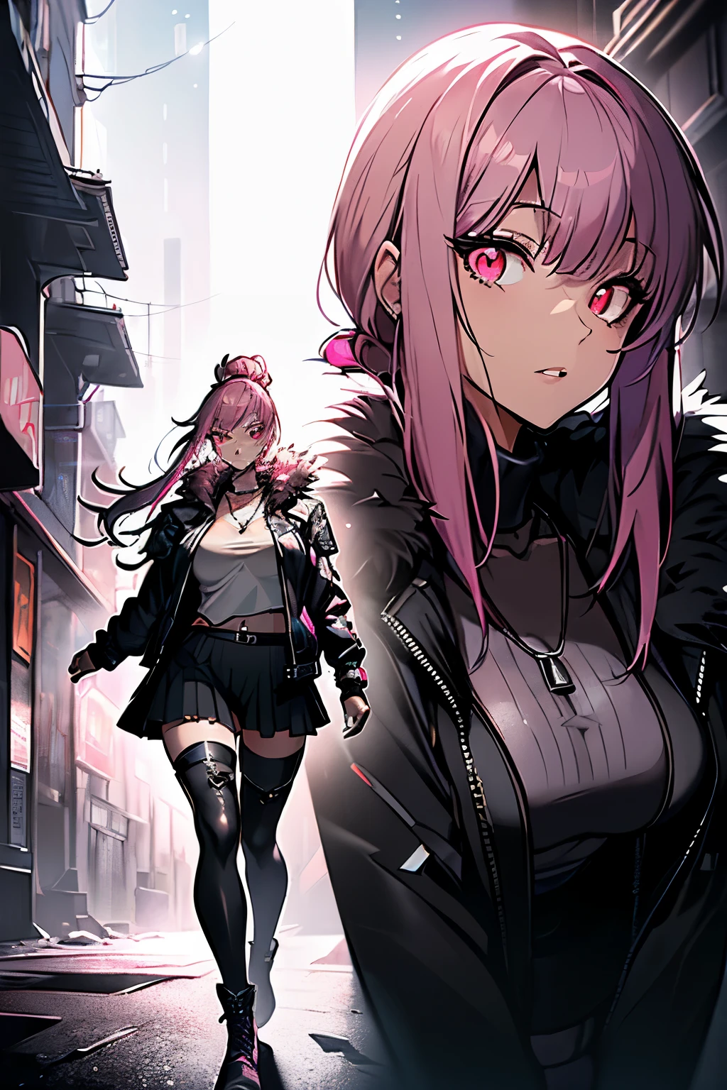 (art, best quality, ultra-detailed, high contrast), 1 woman (Alone, full body, plus size body, standing on the edge of the skyscraper, silver hair, LONG FLOWING HAIR in a ponytail, broken ruby red eyes, (leggings, pleated skirt, sports top, high ponytail, high boots, long fur jacket, black cybernetics with neon pink), detailed face, black transparent tights, ( on a foggy moonlit night in a ghost town, detailed background ()) detailed face, hyper detailed eyes, detailed lips , , with a metal necklace with chain around her neck, lineart, multiple view(1, 2)