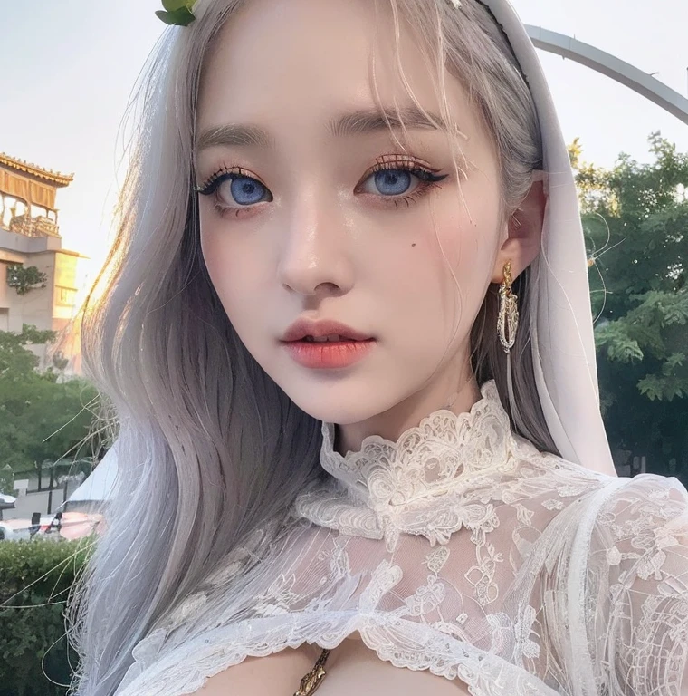 1 miniature Beautiful beautiful woman - Yuan Sayuki, ((top quality, 8K, Masterpiece:1.retty woman, 1 woman, huge breasts:1.3, a slim body:1.1, lush white Long hair, (shower, wet body, wet clothes:1.1), very detailed face, detailed lips, detailed eyes, double eyelids, Detailed blue eyes, чрезвычайно Detailed Outstanding Blue Eyes, short white wet hair, white wet hair, Detailed Outstanding Blue Eyes, innocent look at the viewer, very wet wavy white hair, Detailed Outstanding Blue Eyes, huge cross earrings, Outdoors, badges behind, gothic wedding uniform, sexy gothic style wedding dress with veil, bare chest, huge chest tattoo wearing a wreath, detailed huge earrings, chest tattoo, Outside - there are trees and a buddhist temple in the background, wear a silver cross (Detailed cross shape), reality mode, wet breasts, black necklace, black wedding dress and black veil, human crowd behind, head/forehead chain veil, black latex gloves, naked breasts, naked breasts, naked nipples, hair of white snowy colour, night time, red neon lights, demonic nun, nimbus (golden lighting ring above her head), angel