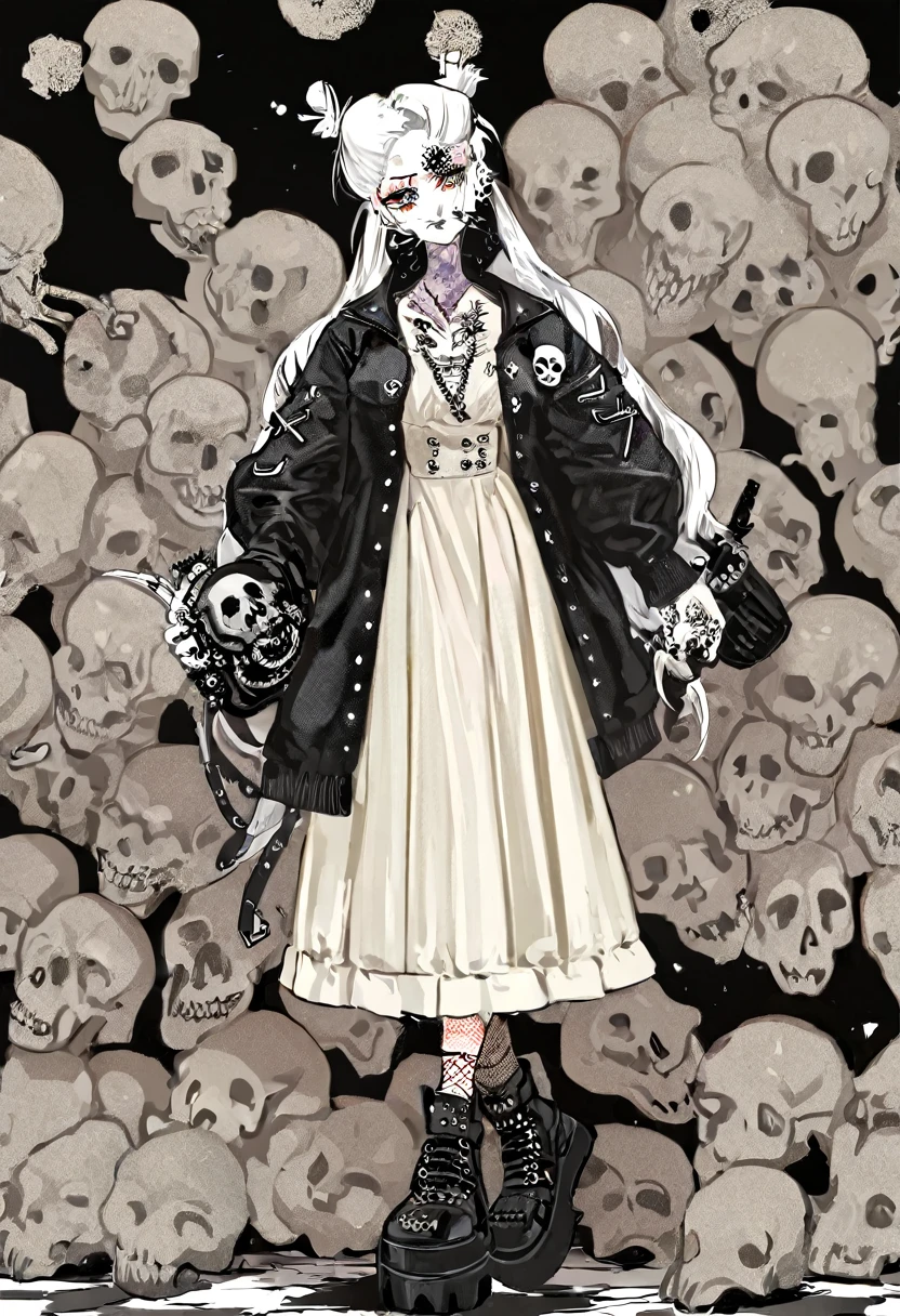 (high quality, 4k, detailed:1.2), ultra-detailed, (realistic:1.37), (black and white), (detailed face), absurdres, aesthetic, line art, full body, holding a skull, 1girl, piercings, long hair, double buns, platform shoes, intricate jacket, black and white