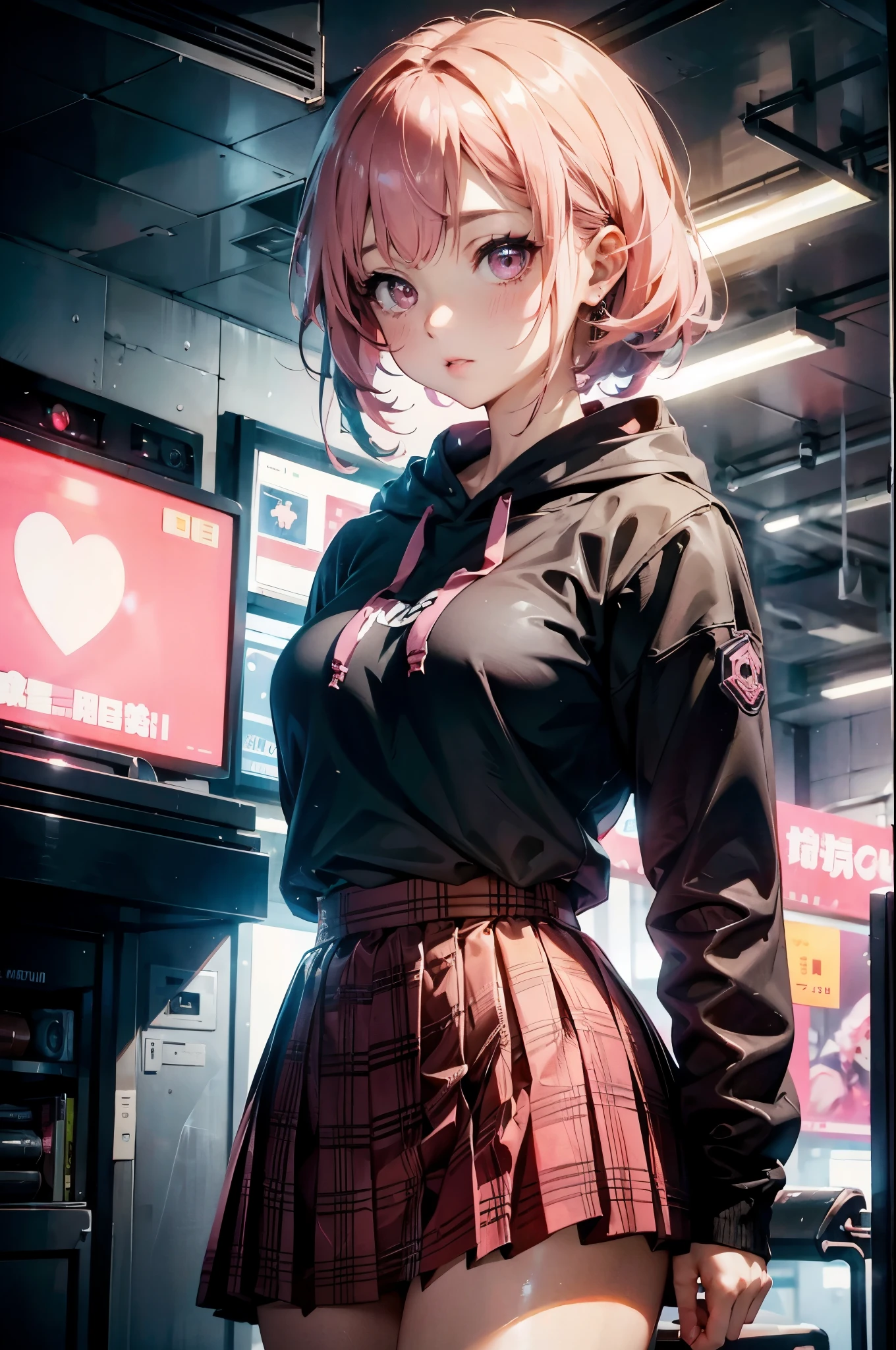 (National Science Foundation),professional women photography, on the table, voyeur style、Playful atmosphere、She was looking forward to it  、 、 1 lady, Cyberpunk art background、Lover&#39;s perspective, ((Photos of incredibly beautiful villain women)), ((punk style)), front opening, skirt, ((Pink Sweatshirt Hoodie, peach-colored hair)), actual, beautiful lips, brown eyes,Pink Plaid Pleated Skirt, highest quality, Ultra-detailed, naughty angle, long eyes, mature beautiful face, Seductive eyes, Backlighting,