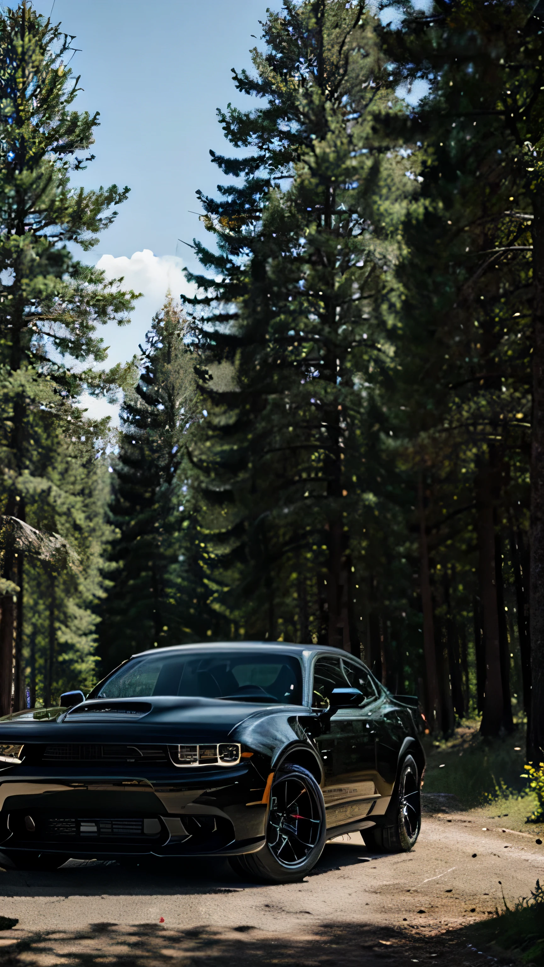 Black dodge hellcat in forest