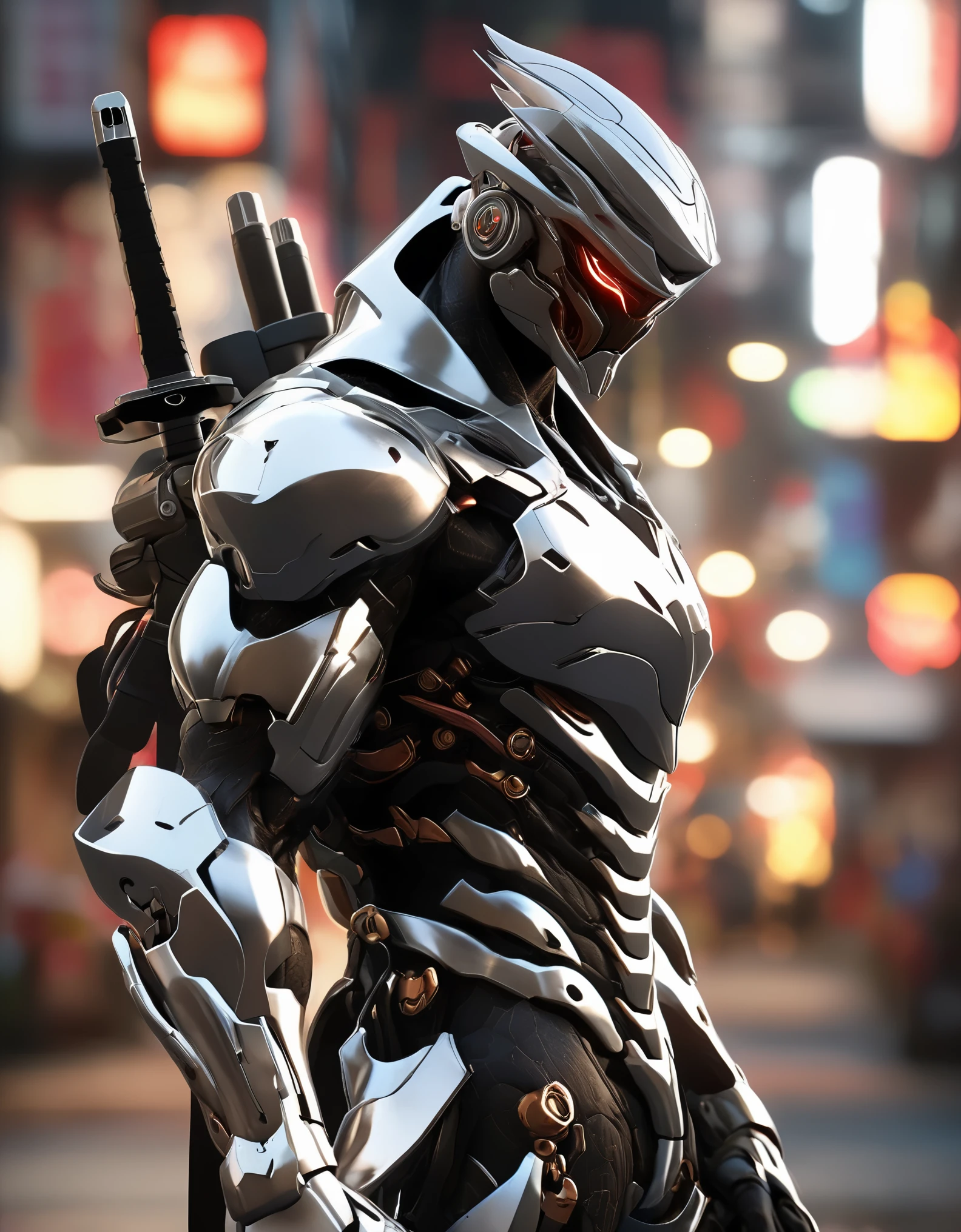 arafed man in a black suit with a sword and a helmet, covered in full metal armor, raiden metal gear, stylish cyborg armor, covered in full silver armor, movie still of a villain cyborg, cyborg samurai, cyborg ninja, raiden from metal gear rising, cyber japan style armor, black scales and cyborg tech, akihiko yoshida. unreal engine