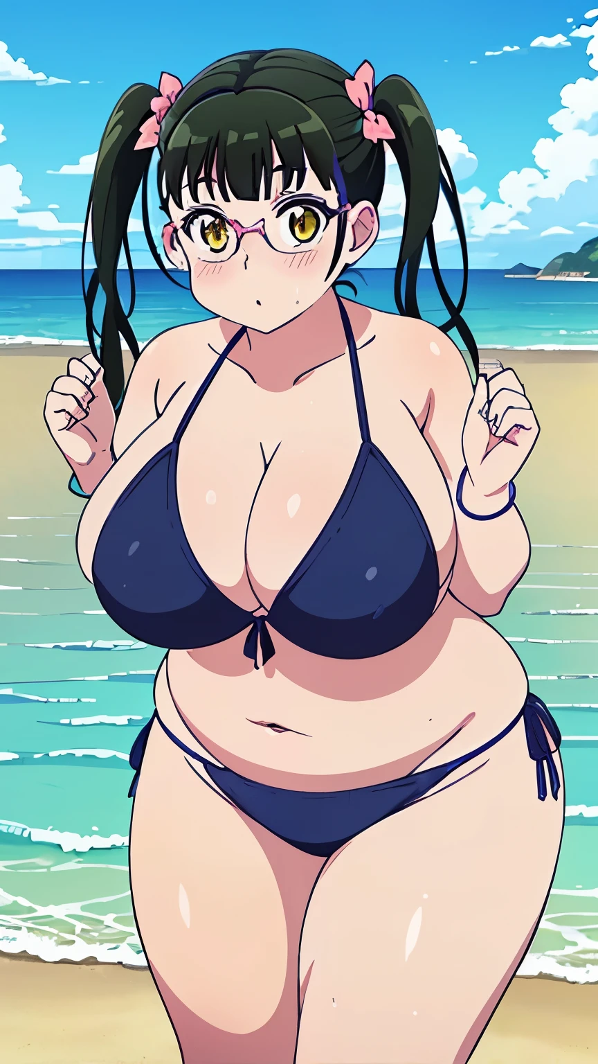 high resolution、high quality、masterpiece、(nikuko(galko),twintail,black hair,gigantic breasts,chuby,plump,wide hip,thick tighs,eye glasses,yellow eyes),(beach,bikini,blush:1.4)
