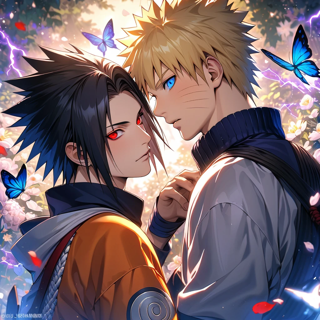 Ultra detailed, Highres, absurdres, HDR, Uzumaki Naruto, blonde hair, blue eyes, Uchiha Sasuke, black hair, red eyes, Naruto Shippuden, 2 gay man together, petals, flowers, cherry blossoms, butterflies, handsome,