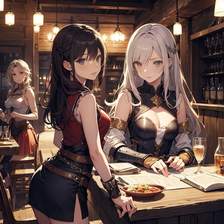 A group of  female medieval fantasy adventurers, (in tavern), various hair styles, harem, night, details face, short skirt, seducing, sleeveless, armor 
