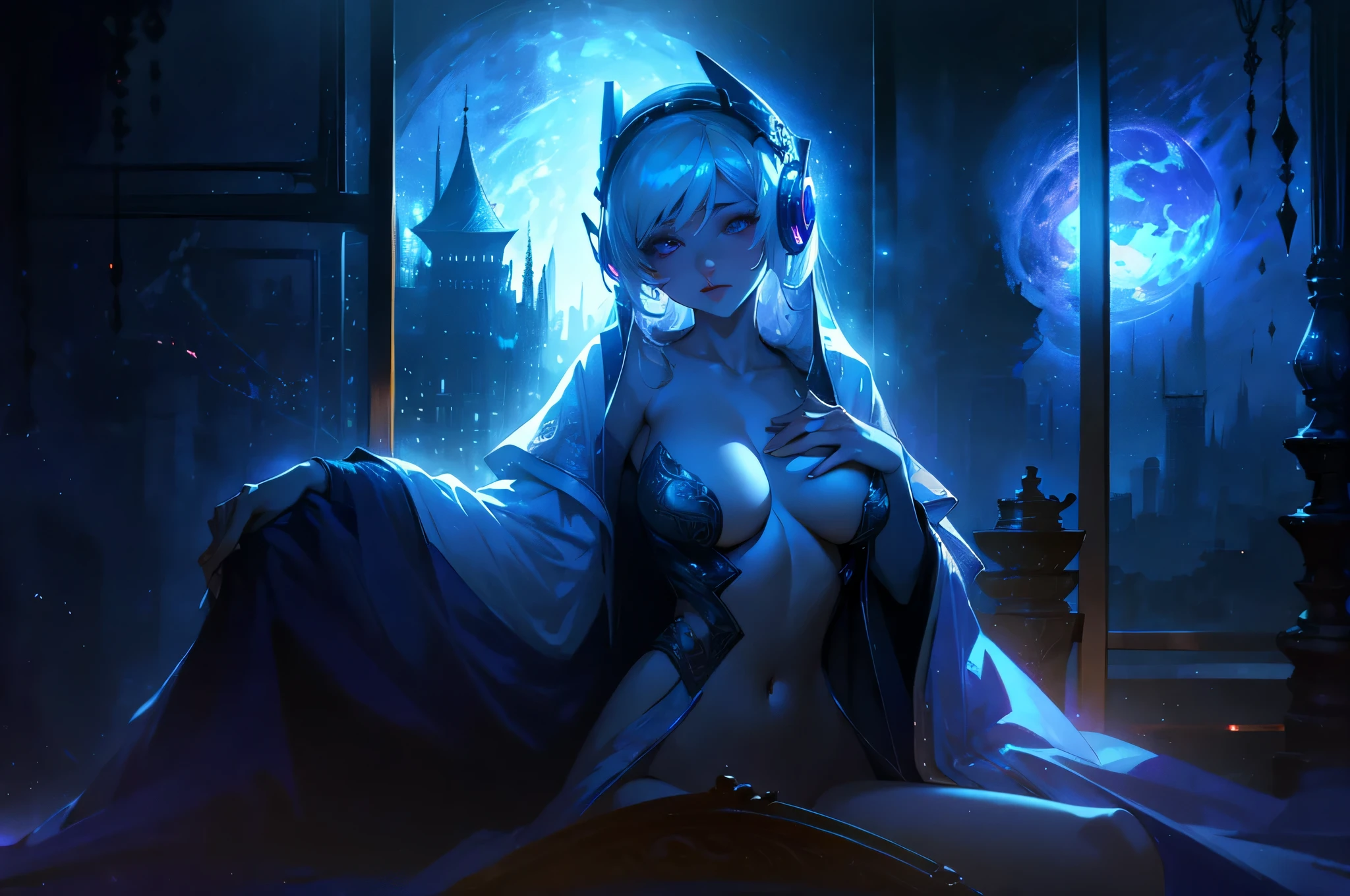 A woman wearing a bathrobe and headphones is lying on the bed、The large window behind offers a beautiful night view.、big breasts、sexy、dimly lit room、moonlight、exposed、half naked、Downlight、On your back、silver hair
