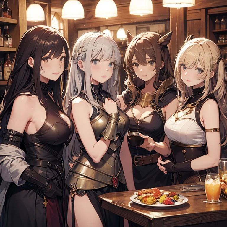 A group of female medieval fantasy adventurers, (in tavern), various hair styles, harem, night, details face, seducing, sleeveless, armor