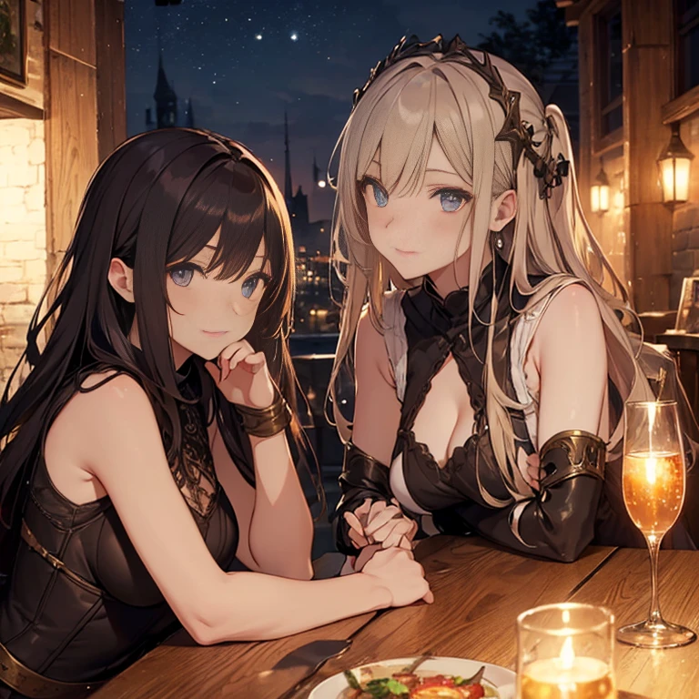 A group of female medieval fantasy adventurers, (in tavern), various hair styles, harem, night, details face, seducing, sleeveless, armor