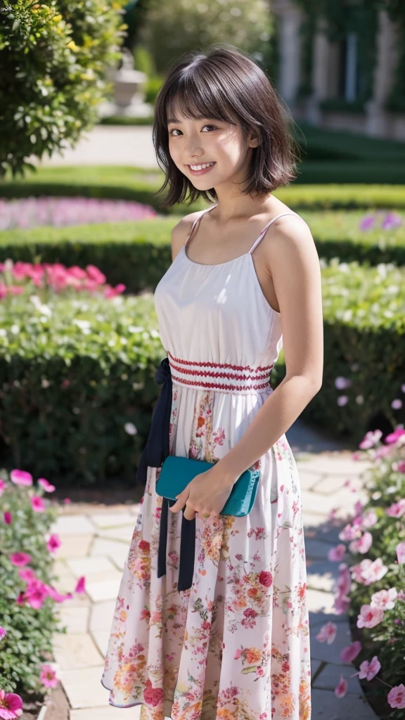 masterpiece, highest quality, disorganized, perfect anatomy, 1 girl, alone, pascal tales, short hair, beautiful, Hilarious, sunny day, botanical garden, Summer winds, sundress, Floral, wavy hair, smile