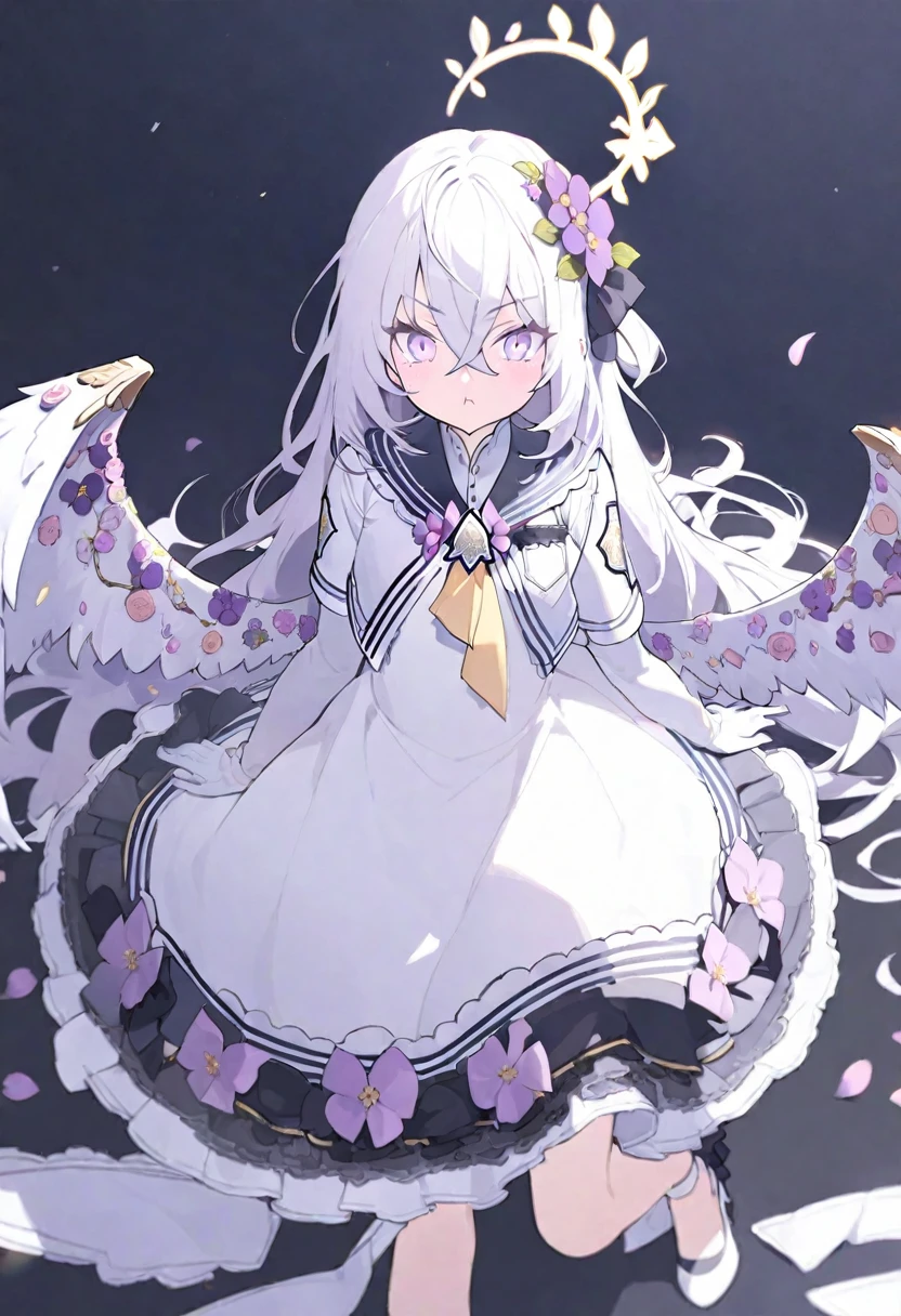 azusa-default, azusa \(blue archive\), dress dress_flower elbow_gloves feathered_wings flower frilled_dress frills full_body gloves hair_between_eyes halo high_heels long_hair looking_at_viewer petals pink_eyes pout puff_of_air purple_flower purple_petals simple_background single_elbow_glove solo white_background white_dress white_footwear white_gloves white_hair white_wings wings,AddXL