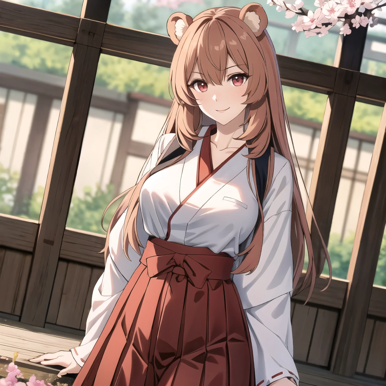 Raphtalia attractive woman 28 years old, orejas de oso, red eyes like rubies, sonrisa confiada, cabello rubio con reflejos, pecho grandes hakama blanco y rojo, hakama corto escotado.. pechos enormes.. background of a Japanese garden cherry trees, petals in the air. alta calidad. in front of the camera. pink belt. pechos normes. colores vibrantes, pechos enormes, escote. 