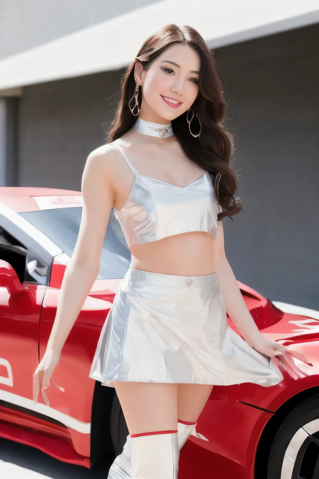 zent, best quality, masterpiece, illustration, realistic, photo-realistic, amazing, finely detail, incredibly absurdres, huge filesize, ultra-detailed, highres, extremely detailed CG unity 8k wallpaper, nsfw, close-up, A captivating race queen with delicate features reminiscent of a popular Japanese actress, flaunting a revealing crop top that hugs her slender figure while accentuating her bust. Donning a miniskirt that showcases her toned legs, along with thigh-high boots adding allure, her long raven locks cascade over her shoulders. Standing confidently in a sultry pose beside a sleek race car, she waves with a radiant smile, her flawless skin glowing with joy. This close-up portrayal captures her exquisite beauty in stunning detail, embodying the epitome of a gorgeous Japanese beauty.