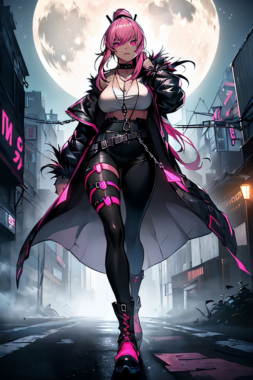 (art, best quality, ultra-detailed, high contrast), 1 woman (Alone, full body, plus size body, standing on the edge of the skyscraper, silver hair, LONG FLOWING HAIR in a ponytail, broken ruby red eyes, (leggings, pleated skirt, sports top, high ponytail, high boots, long fur jacket, black cybernetics with neon pink), detailed face, black transparent tights, ( on a foggy moonlit night in a ghost town, detailed background ()) detailed face, hyper detailed eyes, detailed lips , , with a metal necklace with chain around her neck, lineart, multiple view(1, 2)
