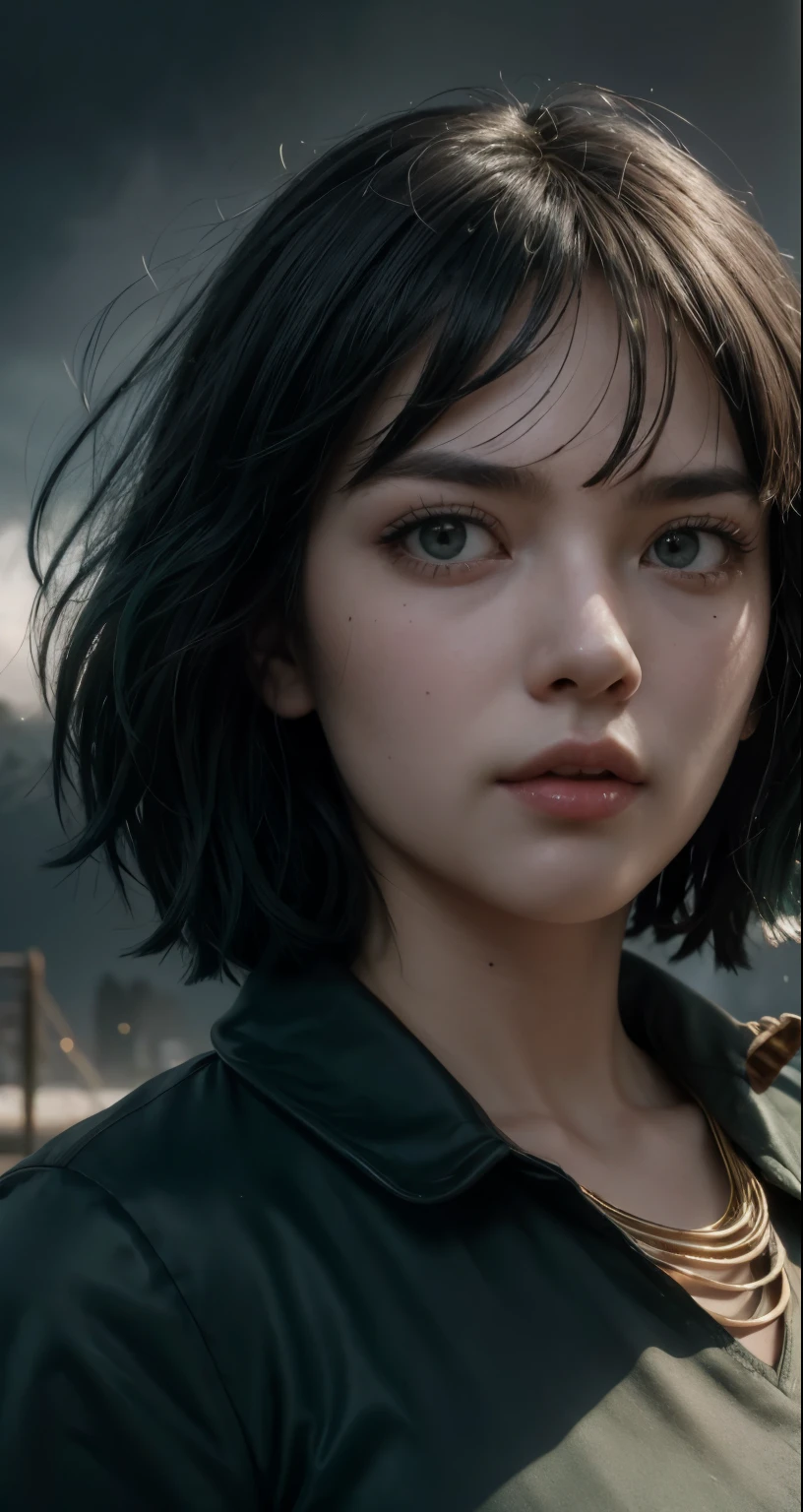 FUBUKI, (GREEN HAIR), Straight hair, TAUT CLOTHES, FUR COAT, JEWELRY, NECKLACE, long face, short hair, straight hair, (photorealistic:1.2), (masterpiece), best quality, (detailed face:1.4), raw photo, ultra realistic 8k, perfect artwork, (background violent tornado and storm :1.2),BREAK, photography,masterpiece,best quality,HDR,highres,realistic details,8K,HDR,highres,absurdres,1girl fly in the air, fubuki,expressionless, tiny breasts,masterpiece,ultra realistic,32k,extremely detailed CG unity 8k wallpaper, best quality