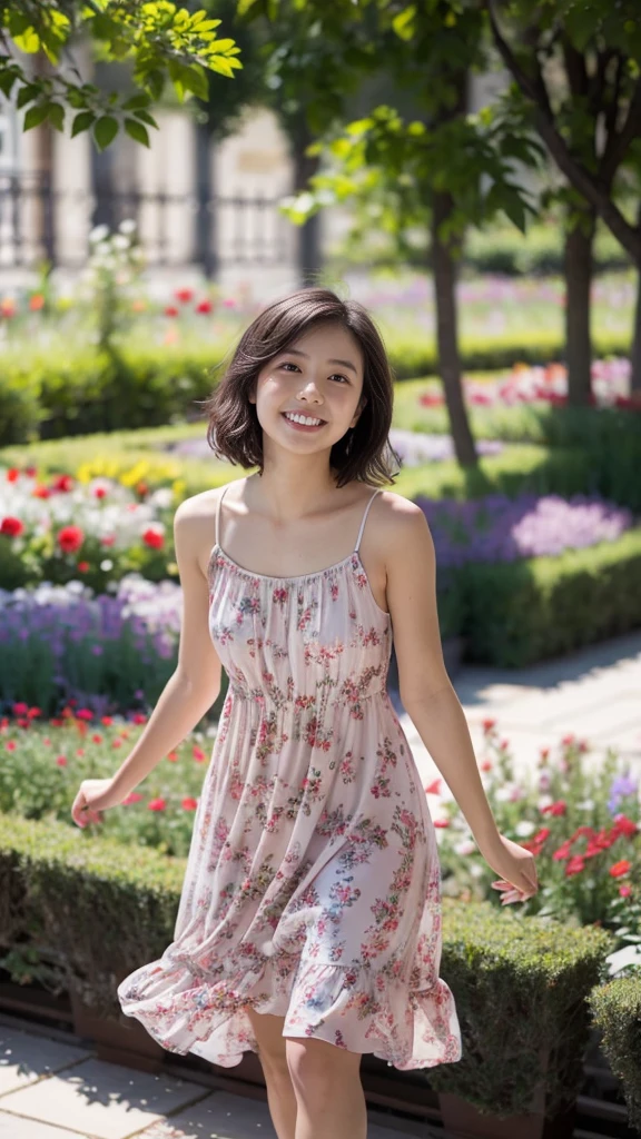 masterpiece, highest quality, disorganized, perfect anatomy, 1 girl, alone, pascal tales, short hair, beautiful, Hilarious, sunny day, botanical garden, Summer winds, sundress, Floral, wavy hair, smile