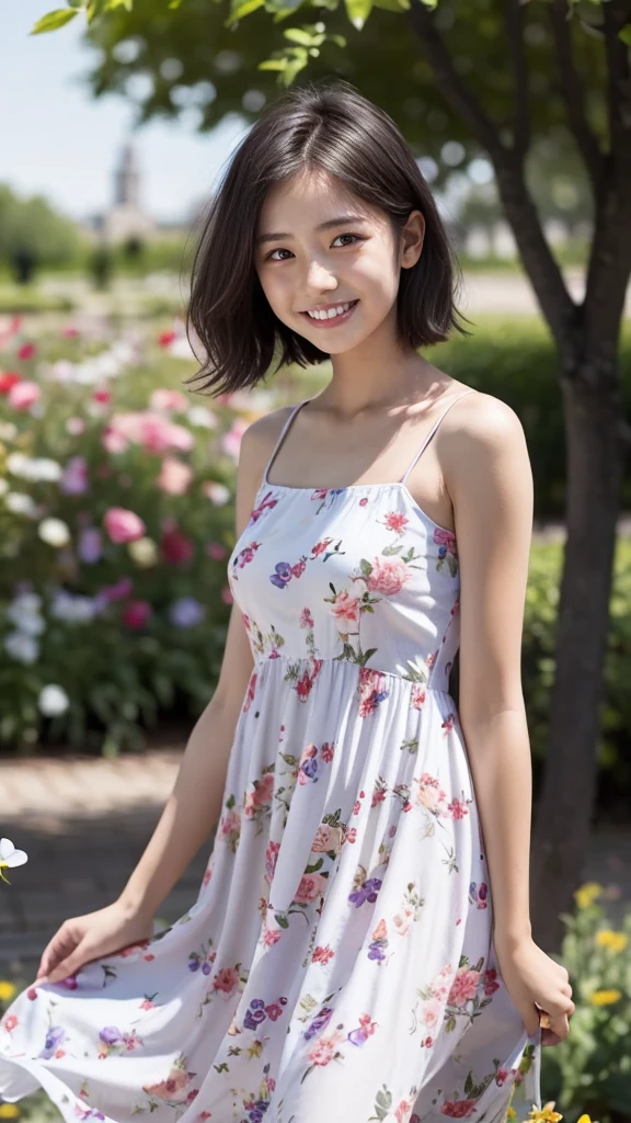 masterpiece, highest quality, disorganized, perfect anatomy, 1 girl, alone, pascal tales, short hair, beautiful, Hilarious, sunny day, botanical garden, Summer winds, sundress, Floral, wavy hair, smile