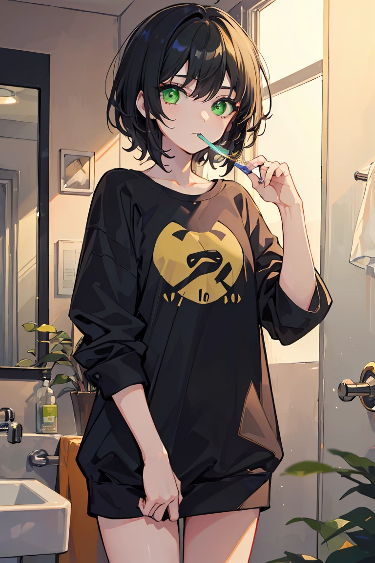 ((1 girl)), Dark circles in the eyes, sloppy face, Brushing your teeth, Yellow loungewear, fluffy, warm, in front of the washroom, While looking in the mirror, cowboy shot,((Super detailed,highest quality, High resolution, fell, Sloppy, Lazy and slothful,Apathy, 8k wallpaper, beautiful clothes,)),((black hair, shortcut,messy hair)), eye shadow, eyeliner,Glow Eye, highly detailed eyes, beautiful eyes, ((shining light green eyes)), 18 year old girl,five fingers