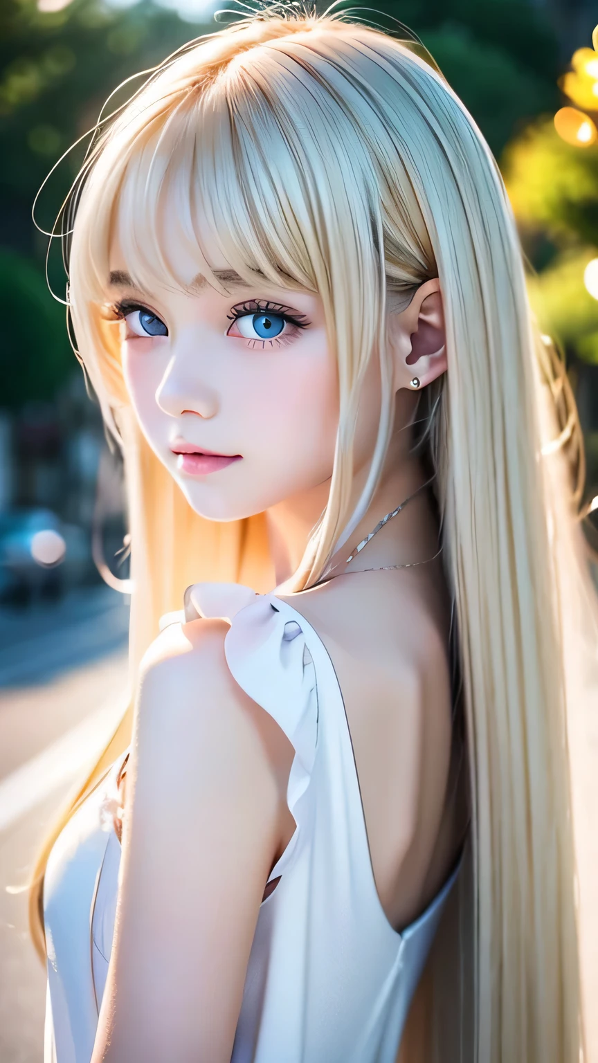shiny transparent white skin、Windy hair gets in the way of her pretty face、Colossal、Cute little beautiful face of 、Beautiful super long straight blonde hair、Large, bright, light blue eyes that sparkle beautifully、long silky bangs that cover cute eyes, Sexy Face Hide Hair Super Long Hair Sexy Cute Young Woman Long Natural Blonde Shiny Shiny Hair、cheek highlights、small face beauty、