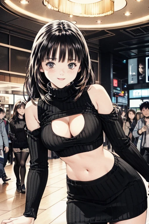 (8K、top-quality、masterpiece:1.2)、(realisitic、ultra-detailliert、超A high resolution、1 girl,beautifull detailed face,contrapposto ,layered hair,long black hair,a smile,full-face blush、Constriction、(Slim waist) :1.3)、cleavage、Beautiful detailed skin、Skin Texture、Floating hair、Professional Lighting、on shibuya street,crowd looked,(Whole human body:1.0),long shot,virgin killer sweater, (sweater dress:1.2), ribbed sweater,sideboob,cleavage cutout, turtleneck sweater,(gray sweater:1.3),crop top navel,