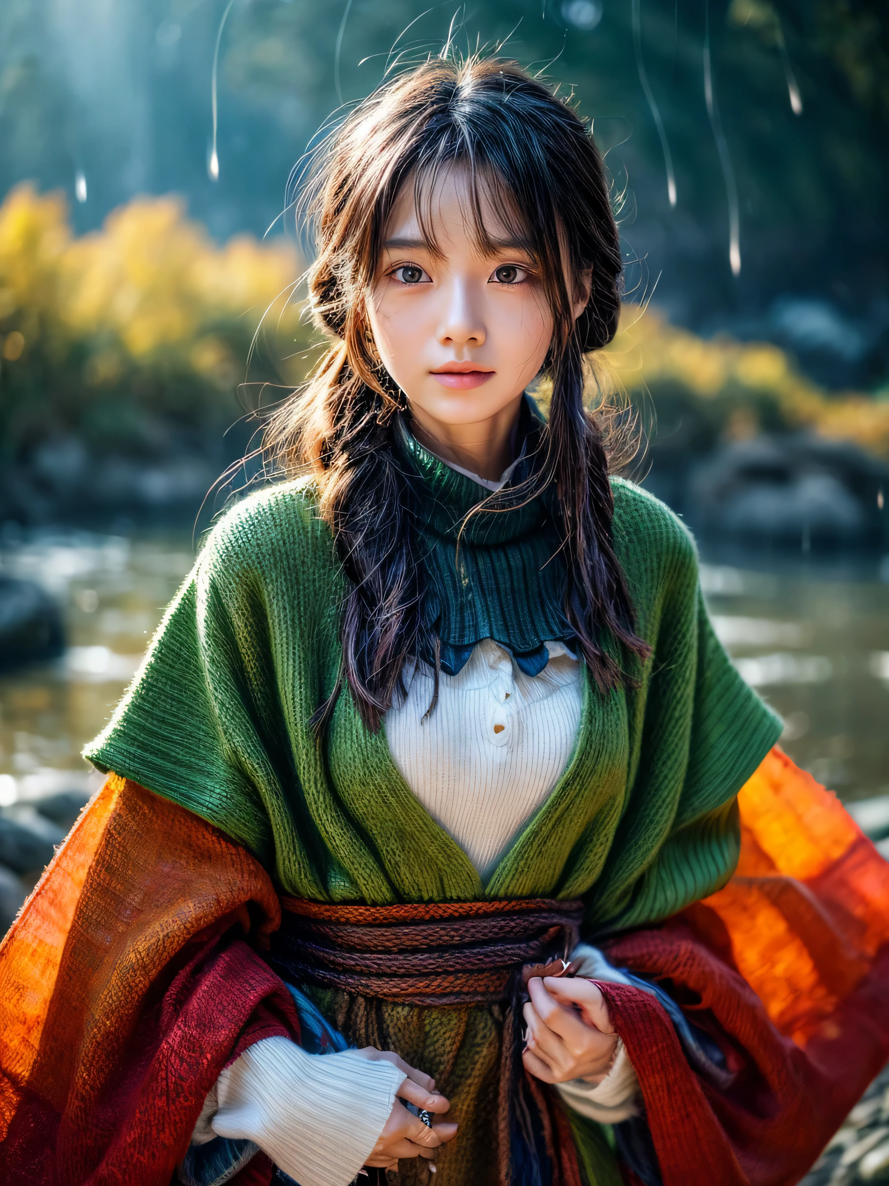 masterpiece, best quality, autumn outfit, colorful hair, outdoor,upper body, colorful autumnal clothes, ((fully clothed)), warm clothes, wet clothes, soaked, drenched, excited, wet hair, wet and slimy, water up to her chest, submerged, fantasy environment, fantasy chinese environment ,fantastical, vivid colors, varied poses, detailed green eyes, beautiful Asian girl