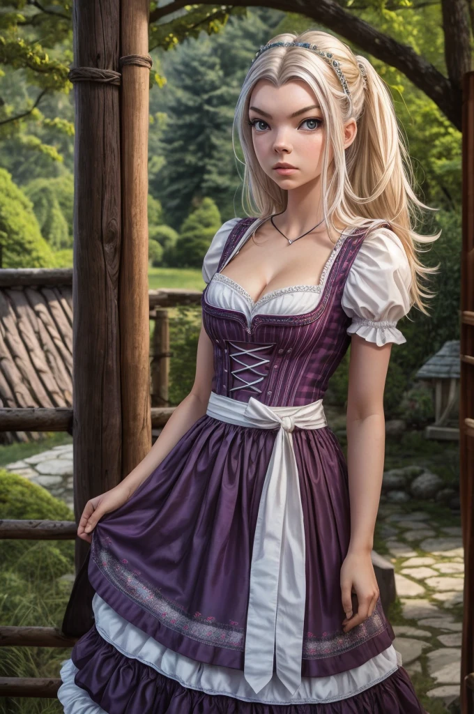 1girl, (Anya Taylor-Joy:1.2), realistic, photorealistic, graphic novel, impossible clothes, thick lips, full lips, big lips, (surprised:1.2), (shocked:1.2), [blonde hair|silver hair], two-tone hair, shiny hair, sunbeam, god-rays, bursting breasts, ambient light, rim-light, rimlighting, backlighting, realistic, (photorealistic:1.1), (lineart:0.8) irndl, a woman in traditional bavarian dress Standing poses for a picture , german woman, wearing a dirndl, Anya-Taylor-Joy
