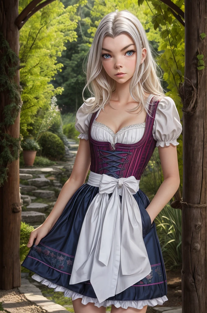 1girl, (Anya Taylor-Joy:1.2), realistic, photorealistic, graphic novel, impossible clothes, thick lips, full lips, big lips, (surprised:1.2), (shocked:1.2), [blonde hair|silver hair], two-tone hair, shiny hair, sunbeam, god-rays, bursting breasts, ambient light, rim-light, rimlighting, backlighting, realistic, (photorealistic:1.1), (lineart:0.8) irndl, a woman in traditional bavarian dress Standing poses for a picture , german woman, wearing a dirndl, Anya-Taylor-Joy
