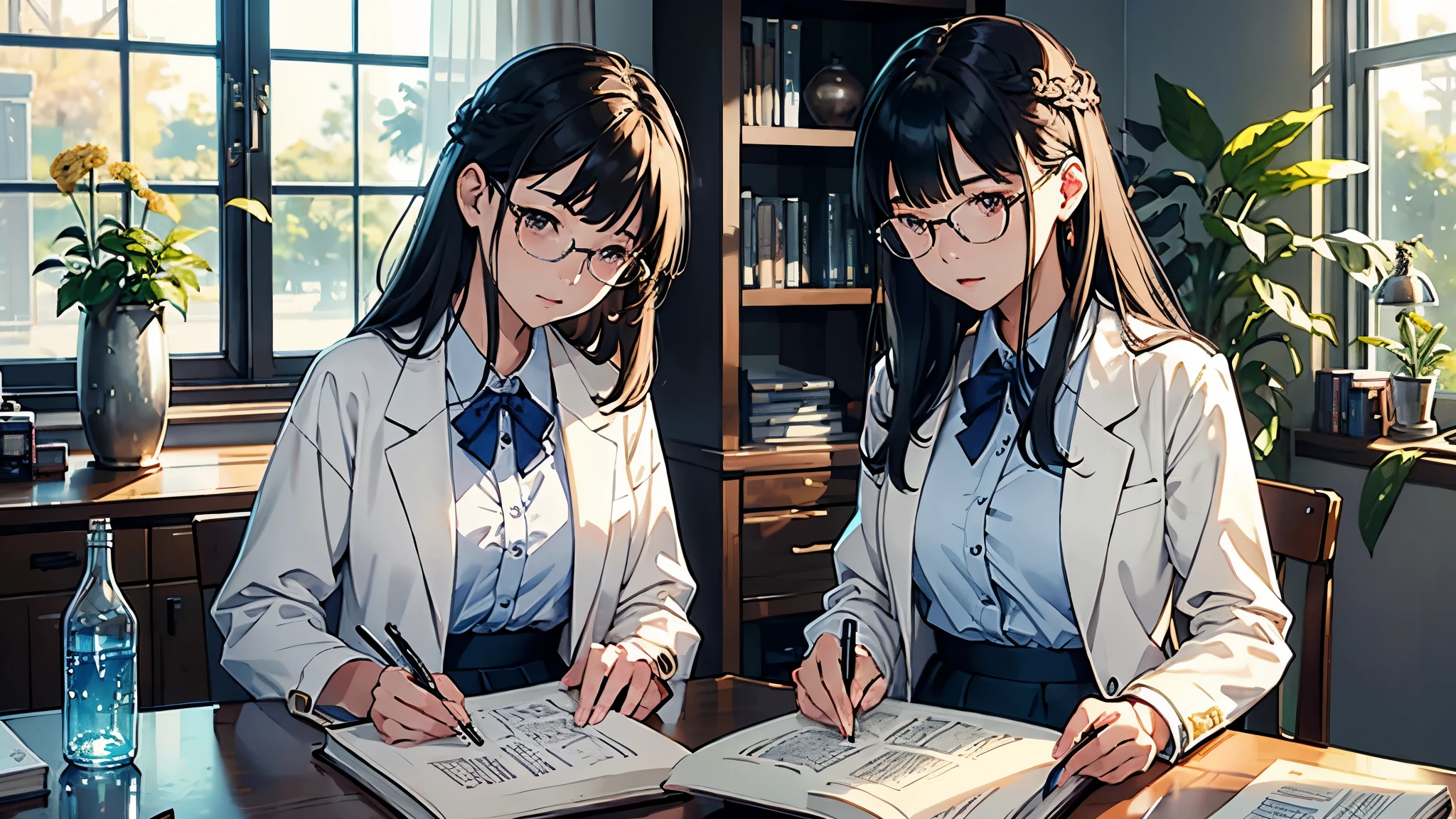 (highest quality、masterpiece、High resolution)、(Sargent-style watercolor)、(anime art)、soft light、((two women))、((The two are talking while looking at documents.))、、18-year-old、medium short hair、semi-long、hair up、black hair、dark brown hair、braided hair、glasses、detailed depiction of the face、small breasts、uniform、long skirt、((wearing a white coat))、白いブラウスとlong skirt、Institute of Earth Sciences、鉱物標Book、昆虫標Book、化石標Book、標Book棚、Book、Book棚、Laboratory instrument、Test tube、beaker、flask、Alcohol lamp、Labware、Floral、vase、window、Foliage plant、 blur the background、