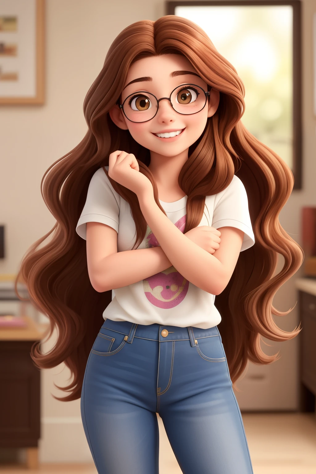 An 18 year old woman, with long brown hair, cara redonda, sonrisa encantandora, y ojos marrones, usando lentes.