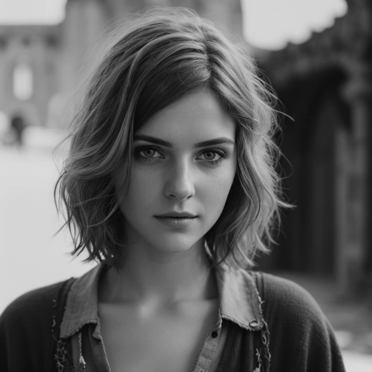 Photorealistic, cute woman with disheveled hair and bad torn clothes, cute sexy, (detailed medieval background), ultra sharp focus, detailed face, (((posing))), Random hair color, short hair, beautiful eyes, whole body, high quality black and white analog photography, depth of field, granularity