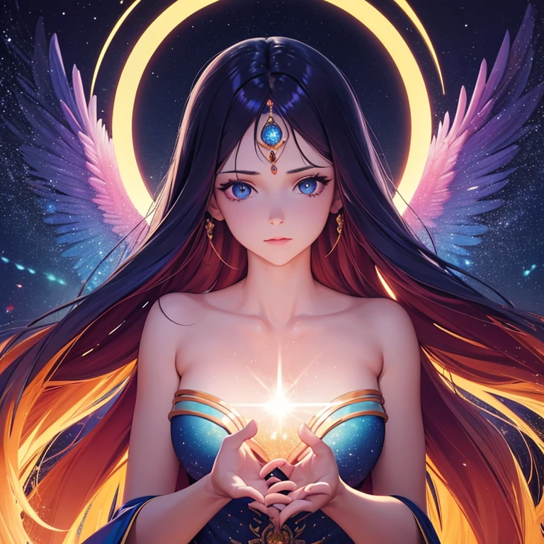 Sun and moon, one woman like a goddess, praying, angel wings
