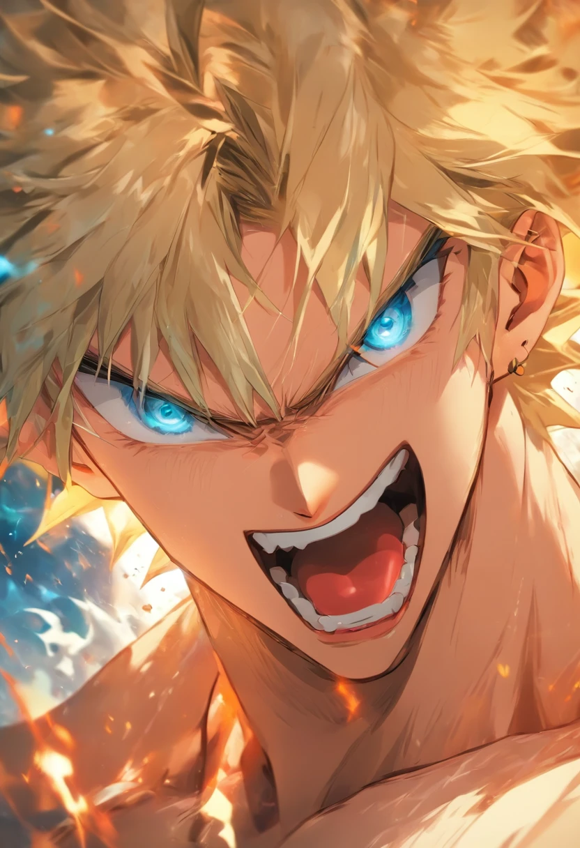 Evil Scenes,wear white shirts,Short blonde hair,delicated face,White skin of the,Blue eyes,Shirtless,Beautiful eyebrows,Tall and handsome man,put out the tongue,From below,Dynamic Angle