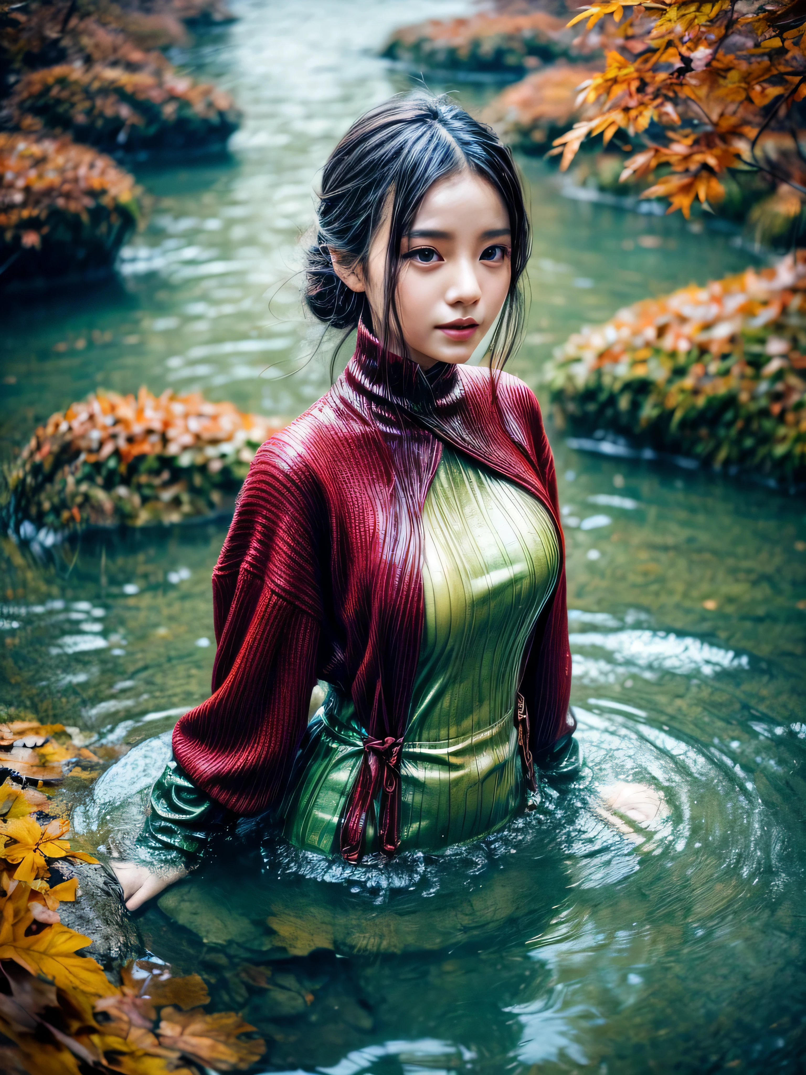masterpiece, best quality, autumn outfit, colorful hair, outdoor,upper body, colorful autumnal clothes, ((fully clothed)), warm clothes, wet clothes, soaked, drenched, excited, wet hair, wet and slimy, water up to her chest, submerged, fantasy environment, fantasy chinese environment ,fantastical, vivid colors, varied poses, detailed green eyes, beautiful Asian girl 