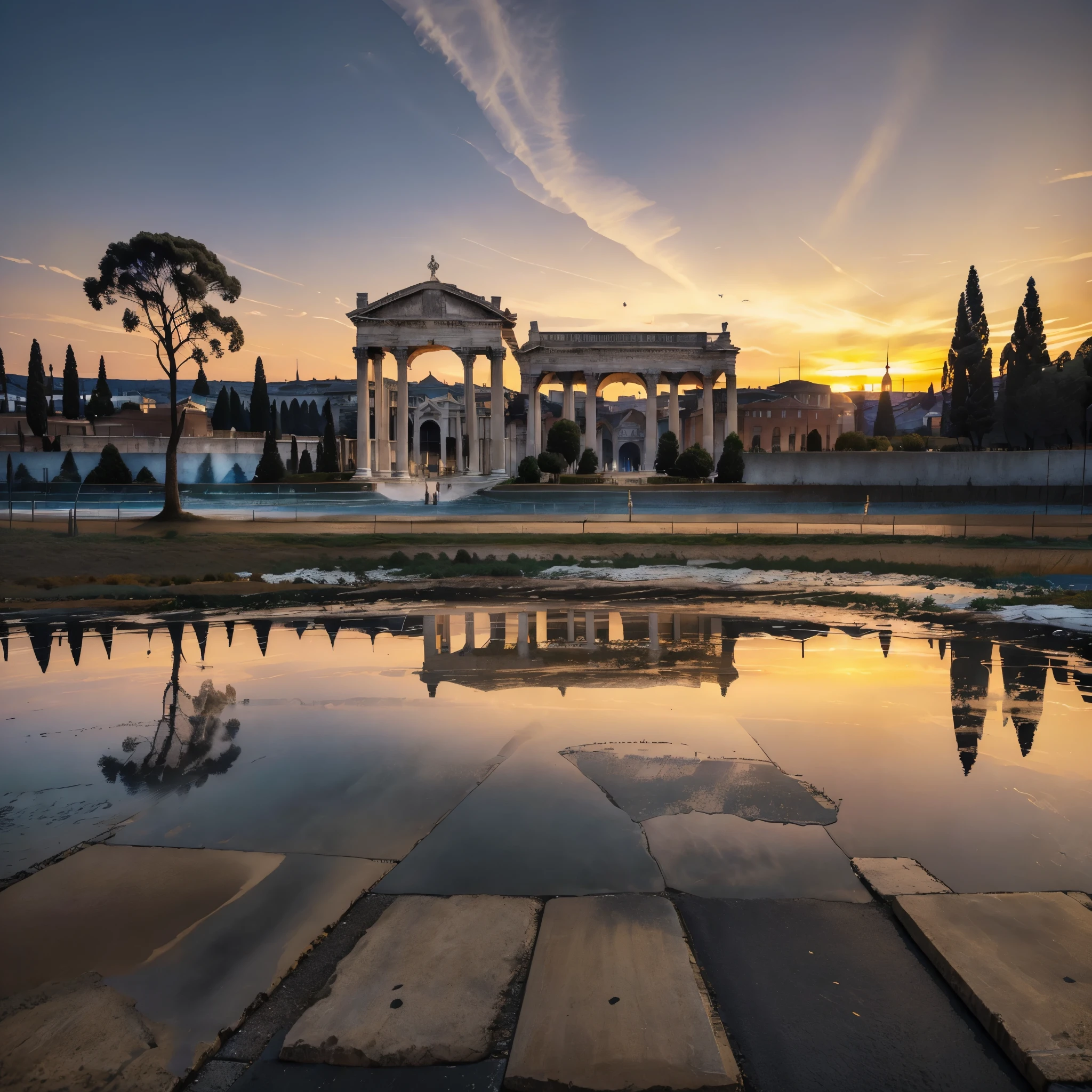 arch of constantine, concrete floor, trees around, a roman coliseum in the background, roman architecture, sunset, with the sunset light giving golden illumination to the place,HDR, ultra resolution, well defined, masterpiece, 8K HD.
