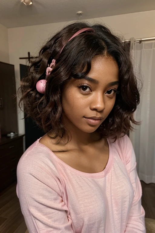 A very pretty and attractive darkskin blasian 22 year old with light brown asian eyes and pink curly hair. very realistic