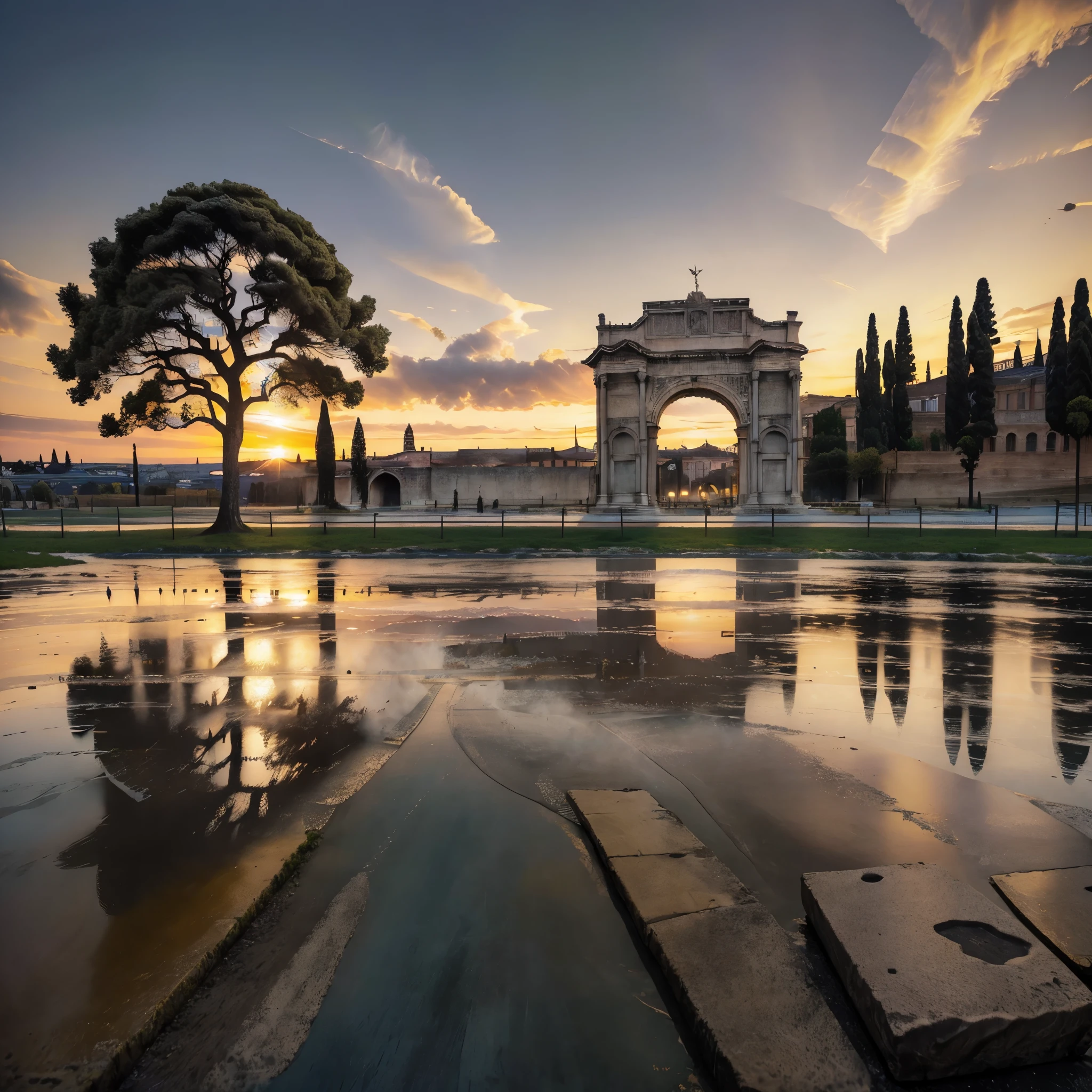 arch of constantine, concrete floor, trees around, a roman coliseum in the background, roman architecture, sunset, with the sunset light giving golden illumination to the place,HDR, ultra resolution, well defined, masterpiece, 8K HD.
