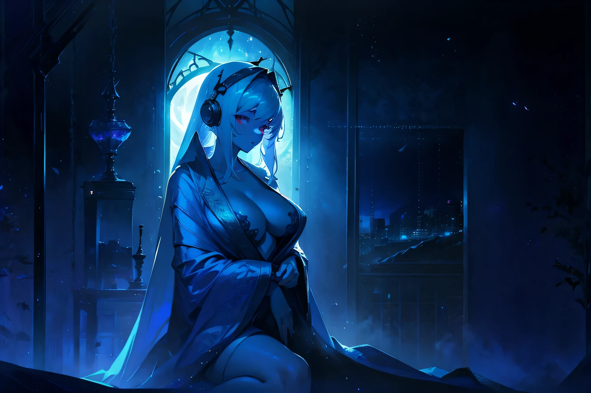 A woman in a bathrobe with headphones on is sitting on her bed、The large window behind offers a beautiful night view.、big breasts、sexy、dimly lit room、moonlight、exposed、half naked、Downlight、On your back、silver hair