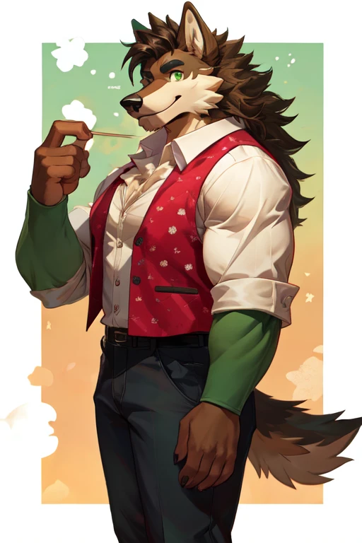 Furry, anthropomorphic wolf, Russet brown fur, dark brown hair, dark green eyes, 6'1 and 173 lbs, 41" Chest, 19" Shoulders, 13" Biceps, 32" waist, 23" Thighs, 15" Calves, 19" Back, wearing Green sleeveless vest, wearing white shirt with long sleeves, Green polka-dot's on shirt, wearing Patchwork pants, wearing clown shoes, wearing clown makeup, smiling calmly, looking mischievous, soft colors, vivid colors, pastel colors, soft shading