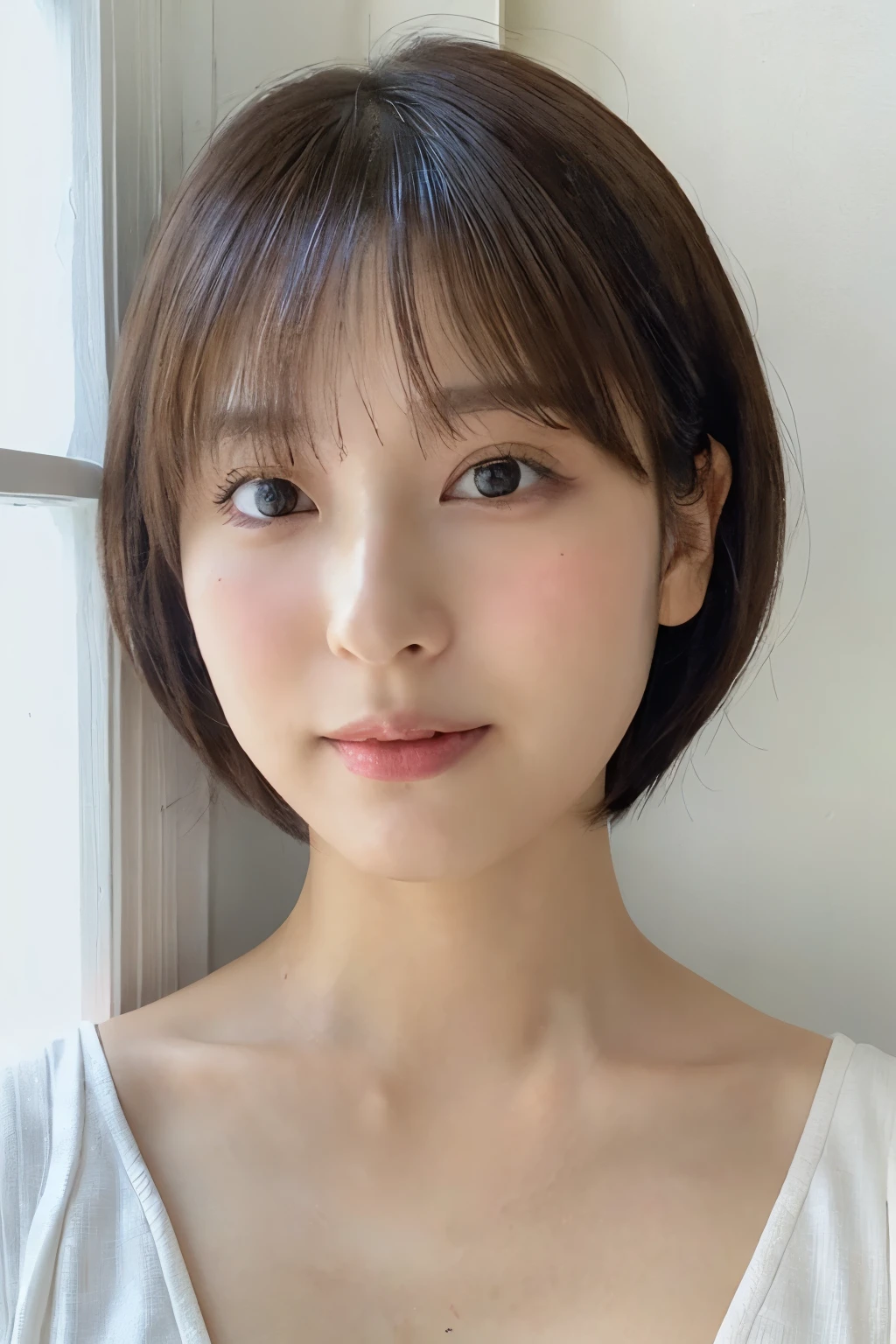 ((white wall、Taken in front of a white door、cute japanese girl、beautiful japanese girl、1 girl、clear、29-year-old、shortcut、short hair、Highly detailed face and skin texture、refinement、super detailed face、highly detailed eyes、blusher、blush、cheek、ピンクのcheekを塗ったcheek、close-up of woman、breast enhancement、Face looking to the side、Body facing sideways、look at the camera、smooth white skin、Transparent skin texture、))、(dark brown hair、bangs)、japanese model、((highest quality、8K、masterpiece:1.3、１photograph))、(4k、生photograph、highest quality)、(realistic、フォトrealistic:1.37)、Place a person on the other side of the screen、Natural light、upper body and head