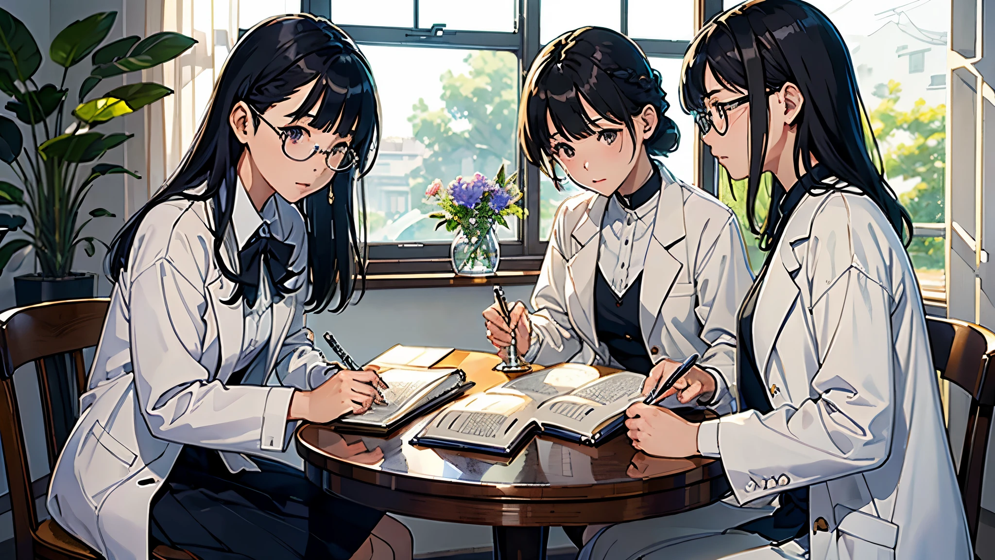 (highest quality、masterpiece、High resolution)、(Sargent-style watercolor)、(anime art)、soft light、((two women))、((The two are talking while looking at documents.))、17 years old、18-year-old、medium short hair、semi-long、hair up、black hair、dark brown hair、braided hair、glasses、detailed depiction of the face、small breasts、uniform、long skirt、((wearing a white coat))、白いブラウスとlong skirt、Institute of Earth Sciences、鉱物標Book、昆虫標Book、化石標Book、標Book棚、Book、Book棚、Laboratory instrument、Test tube、beaker、flask、Alcohol lamp、Labware、Floral、vase、window、Foliage plant、 blur the background、