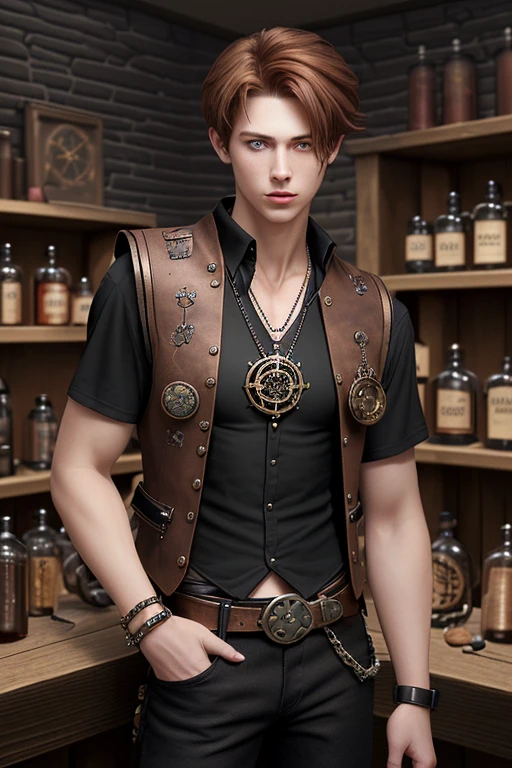 20 year old boy reddish brown hair Steampunk vest black shirt black jeans slim muscular build pentagram medallion looking straight at viewer in potions store background black belt with star-shaped buckle holding a crystal