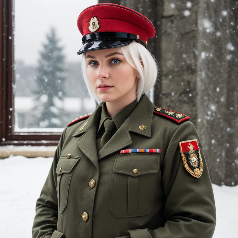 czako, military headdress, russian imperial guard,(red-fire eyes), uniform, looking at viewer, camouflage military uniform, military, long hair, parted lips, epaulettes, 1girl, solo focus, upper body, bangs, (red military hat), indoors, jacket, (snow-white hair), long sleeves, window, breast pocket, peaked cap, pocket, military jacket, (low angle shot), rembrandt lighting